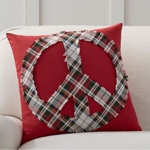 New Pottery Barn Peace Appliqué Plaid Christmas Pillow Cover, 18”, Red